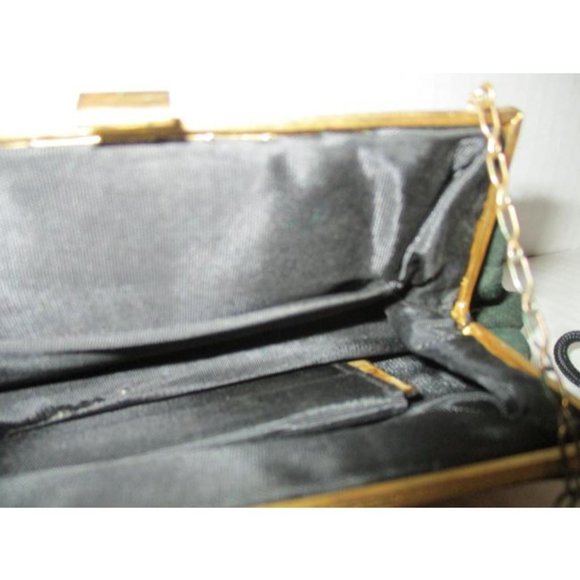 *Vintage Forest Green Felt Faux Pearl Clasp Closure Wristlet Clutch - Picture 2 of 4